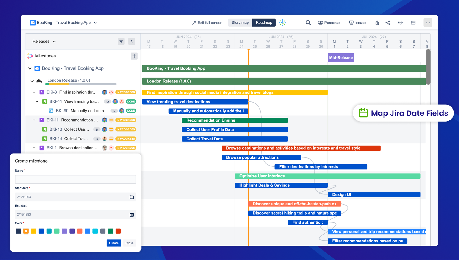 Confirm and plan the Release/Sprint roadmap in an interactive view & Map out project goals and milestones on a dynamic timeline
