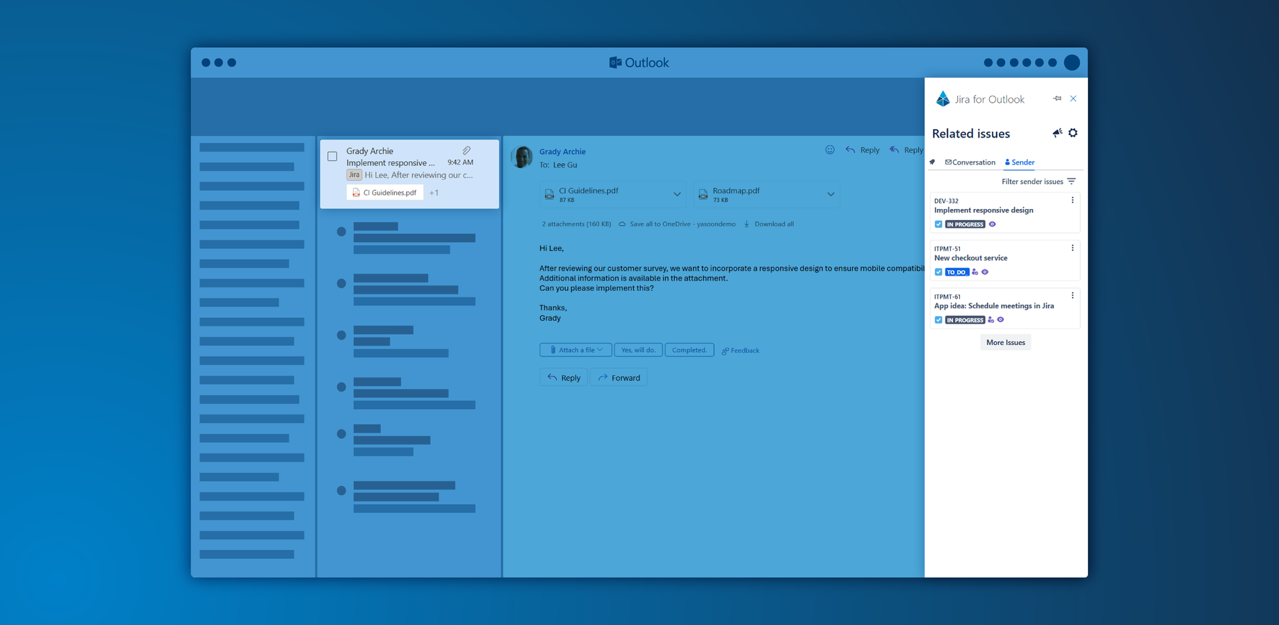 The sidebar in the Outlook add-in shows you Jira issues related to your current email with a detailed overview. You can easily add Jira comments. You can also see information on the sender as well as previous issues.
