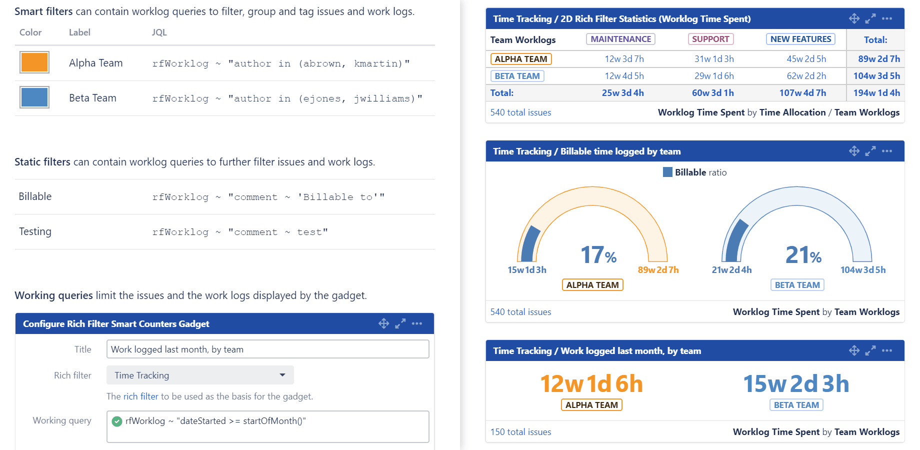 The Worklog Query Language (WQL) allows you to define work log queries via JQL. Use work log queries in all rich filter JQL configuration items: static & smart filters, time series, base & working queries.
