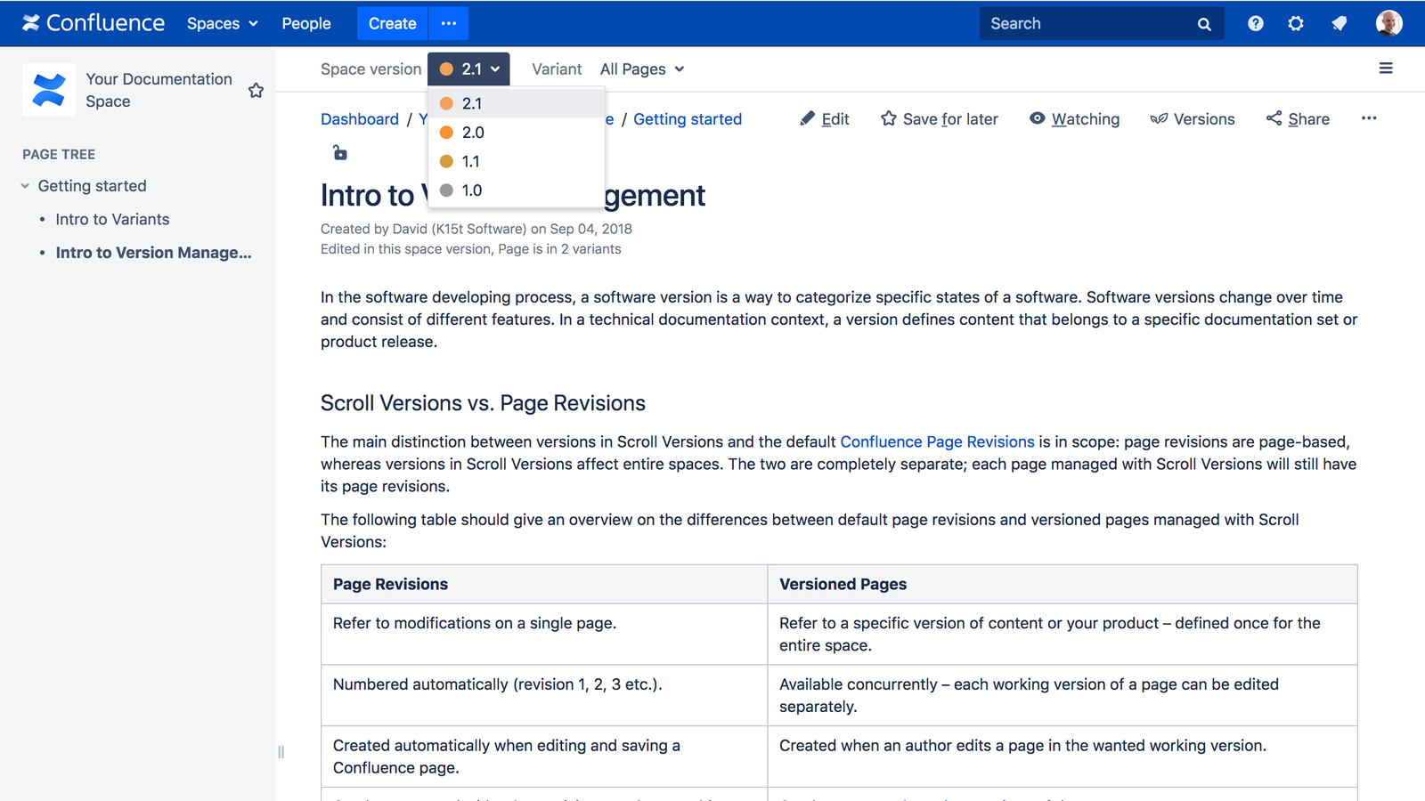 Choose the space version you want to edit using the version picker then manage content on each page version.