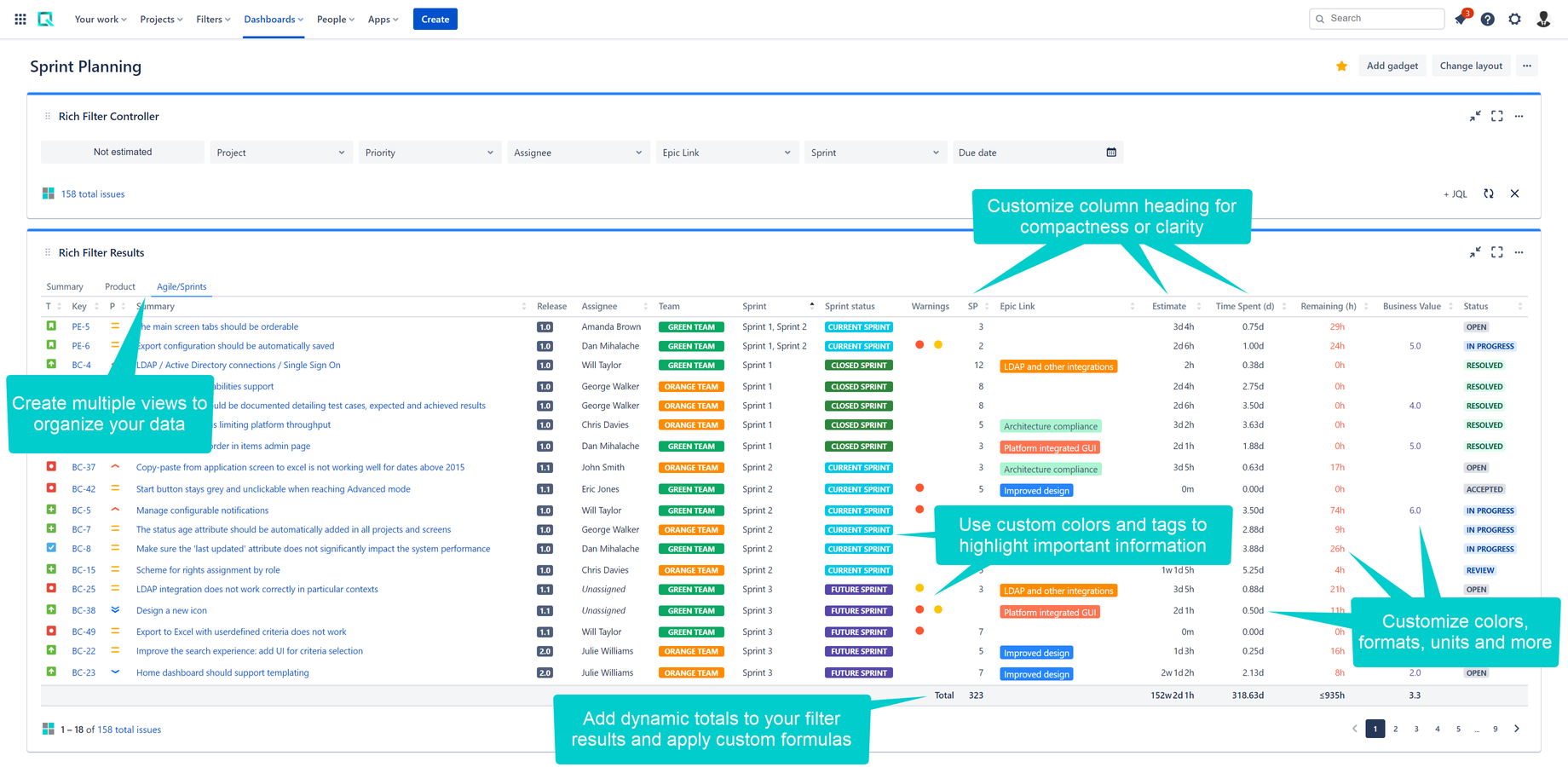 Multiple views organize your data in a logical and compact way. Add total rows to your views to sum your columns. Colors and tags highlight and classify your issues.