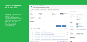 View Issue screen for a Test Set. A Test Set is an Issue that groups Tests. Can be used to easily schedule a Test Execution afterwards or to include them in a Test Plan. Can also be used to dynamic cover requirements.