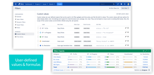 User-defined custom values can be based on issue count, numeric field values, time tracking, or duration. They support sum, average, min, and max total formulas. Use them to power time series or statistics gadgets.